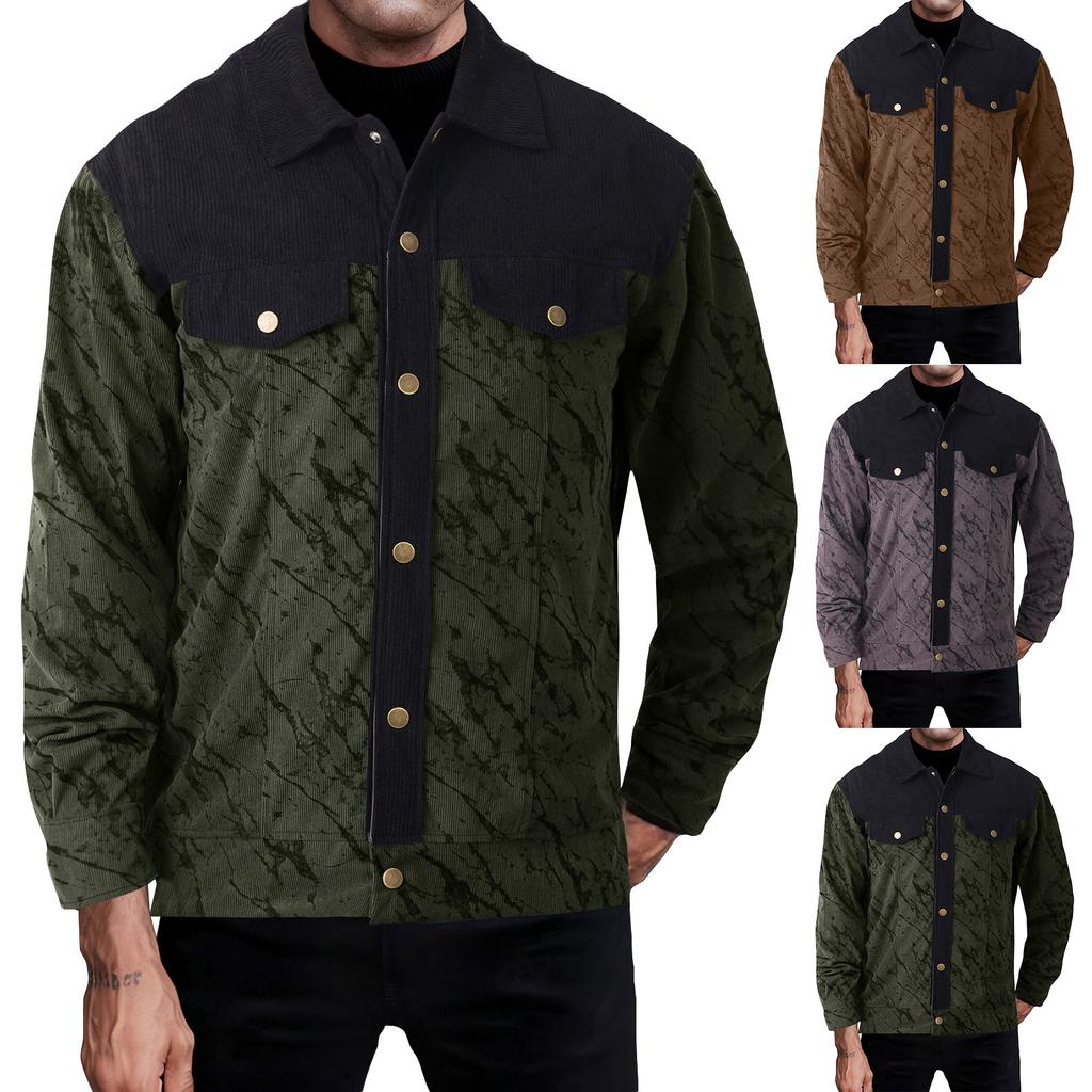 Men's Winter Corduroy Color Block Button-Up Shirt, Men's Casual Fashion Long-Sleeved Cardigan