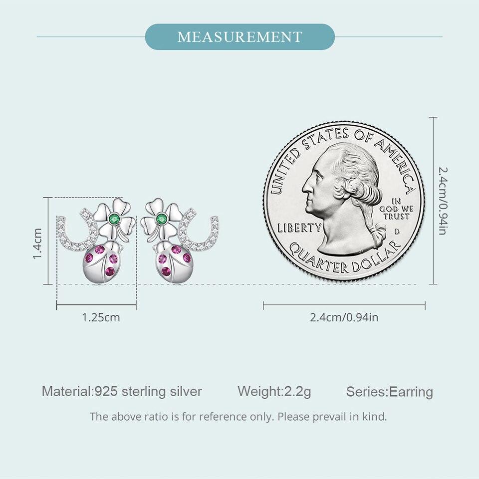 WOSTU 925 Srebro Sterling Wielokolorowe Lucky Four Clover Biedronka Kolczyki Sztyfty Dla Kobiet Piękne Klipsy Do Uszu Biżuteria Prezent Urodzinowy