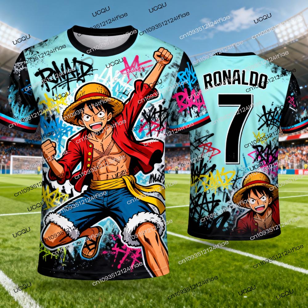Huiteng1 2026 Nieuwe Collectie One Piece Speciale Editie Heren Voetbal T-shirt Ronaldo Nee. 7 Voetbalshirt T-shirt Luffy 3D Print T-shirt 5XL