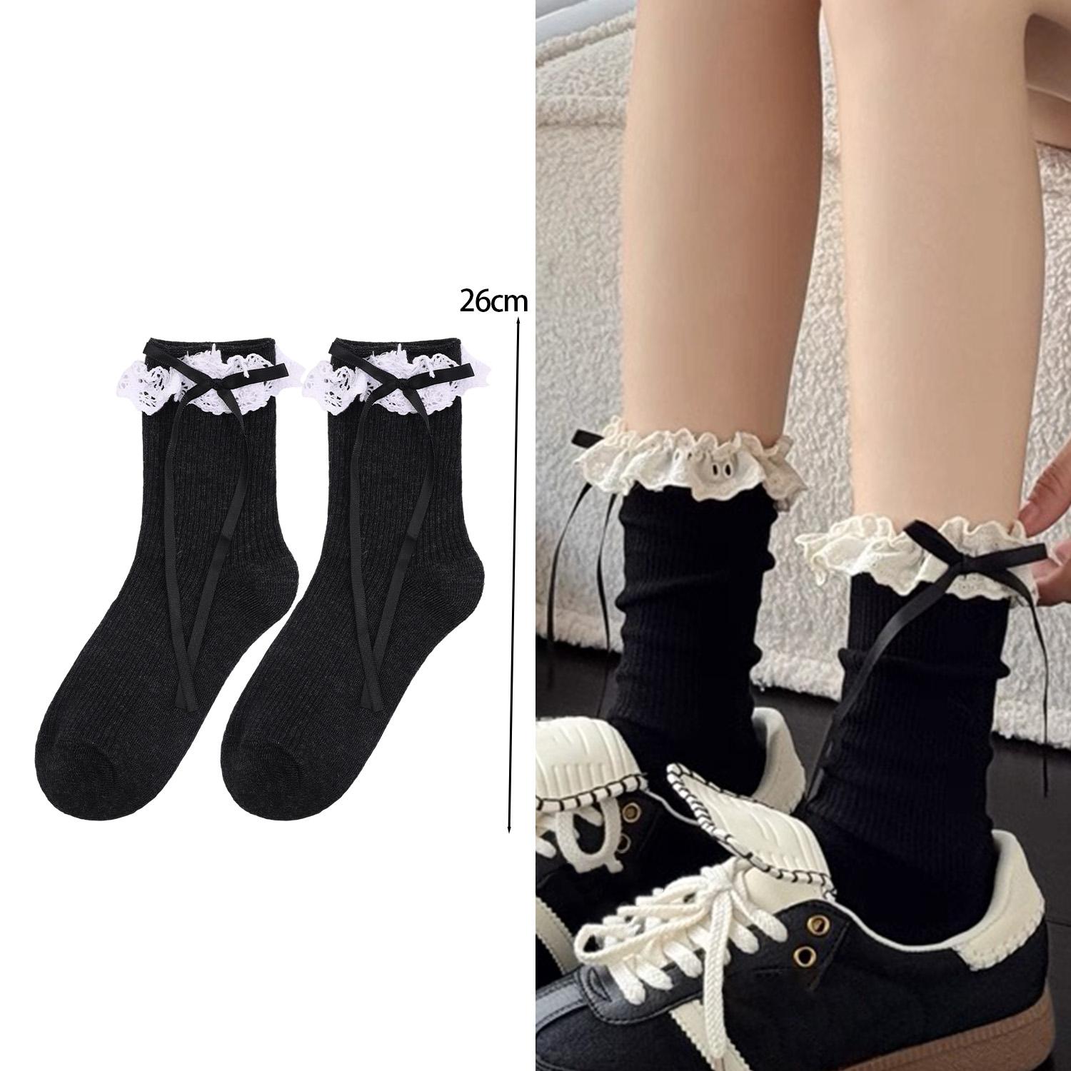 

White Lace Ribbon Mid Tube Socks Sweet Women s Calf Sock Lace Sock Butterfly Knot Socks Pure Cotton Lolita Versatile Socks