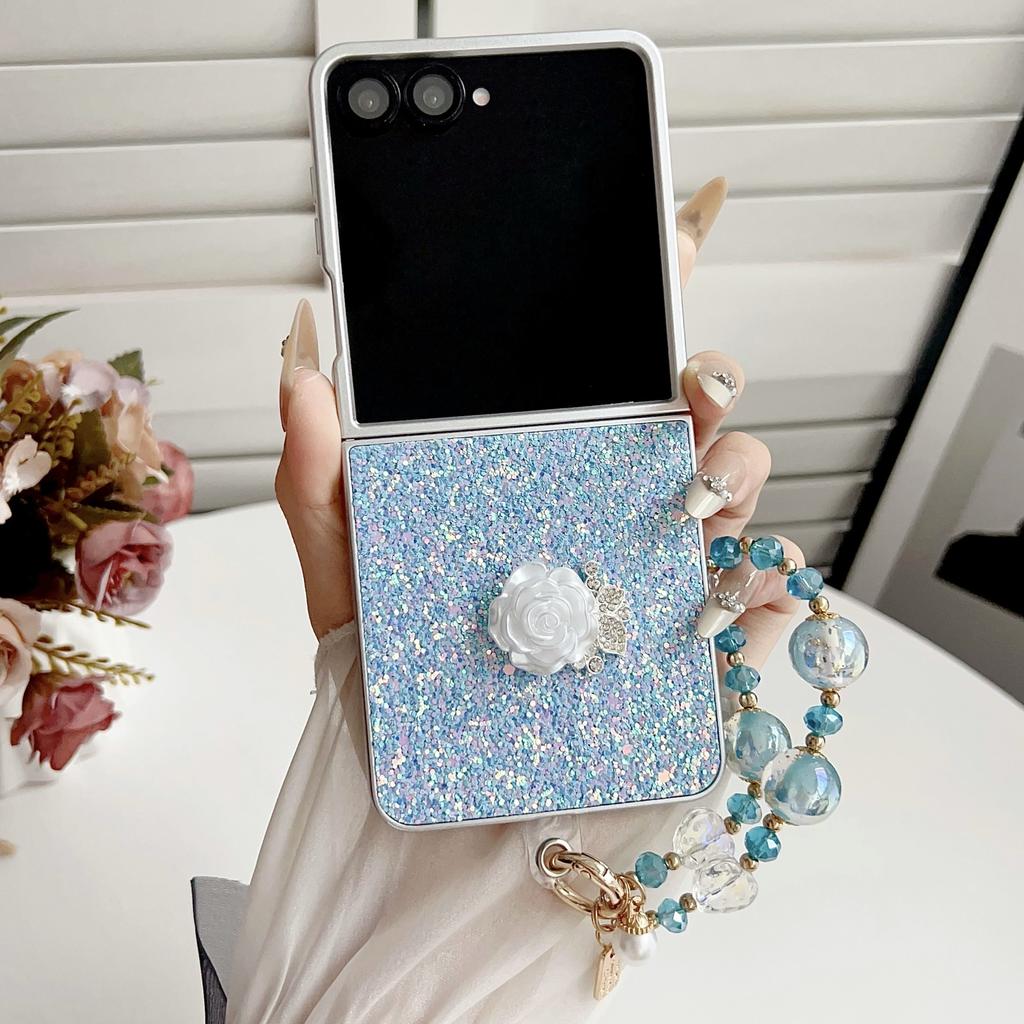 Phantom Glitter White Rose Mobile Phone Case for Samsung Z FLIP7/6/5/4 Portable Bead Chain 3rd Generation Folding Case