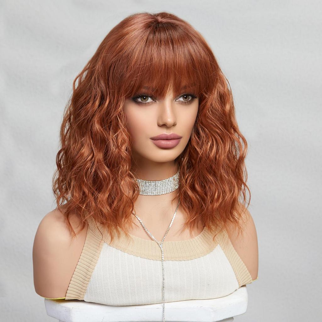 ALAN EATON Short BOB Synthetic WIGS Orange Brown Curly Wig with Bangs for Women Cosplay Daily Party Heat Resistant Fiber Wig