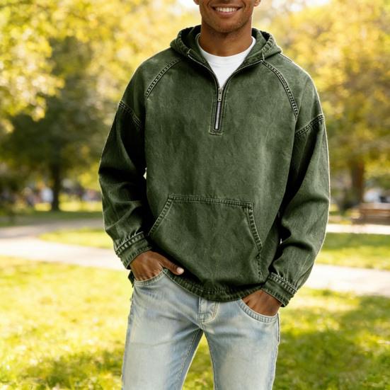 Herr Hoodie Långärmad Halv dragkedja Ståkrage Fickor fram Pullover Sweatshirt Enfärgad Huvtröjor Sport Skola Streetwear