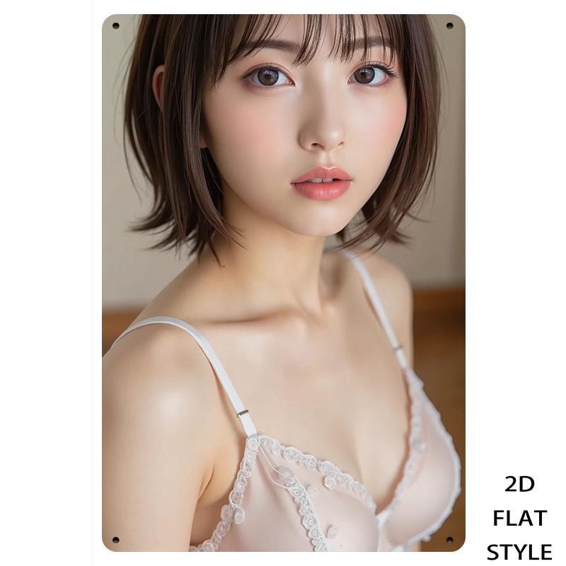 

HD Metal Tin Sign Sweet Asian Woman with Short Bob Hair in Pink Lace Camisole Posing Indoors Vintage Wall Art Decor for Bedroom 20x30cm（7.8x11.8inch）