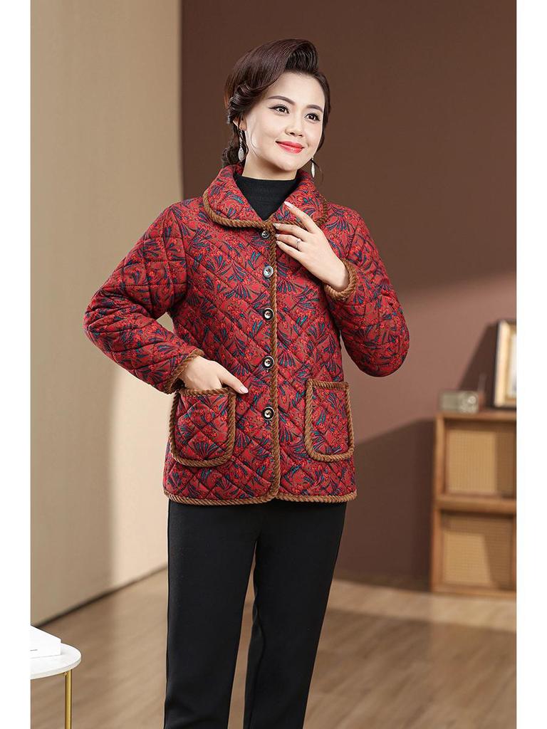 Mom's Winter Plus Size Velvet Cotton Plaid Jacket for Middle-Aged & Elderly
