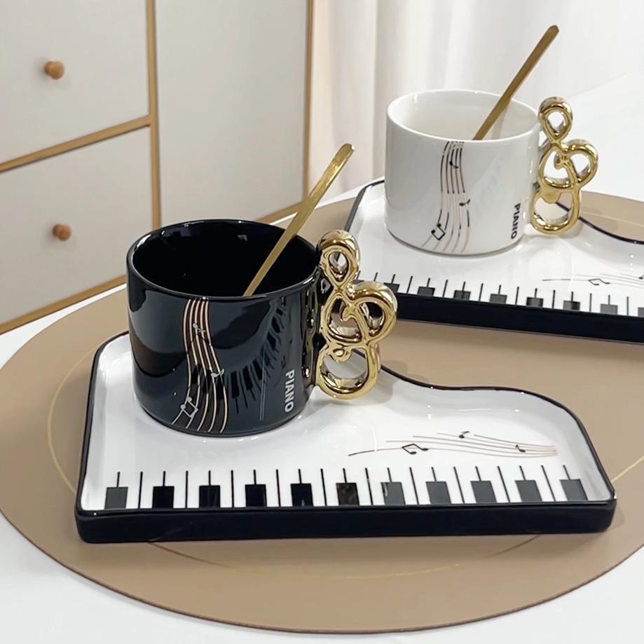 Black and White Melody Coffee Cup One Cup One Plate Teacher's Day Gift Note Cup Nordic Style Mug with Spoon Cup