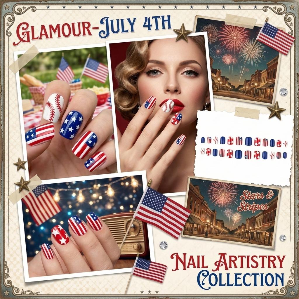 Conjunto de Unhas de 24 Peças Retro e Deslumbrante para o Dia da Independência
