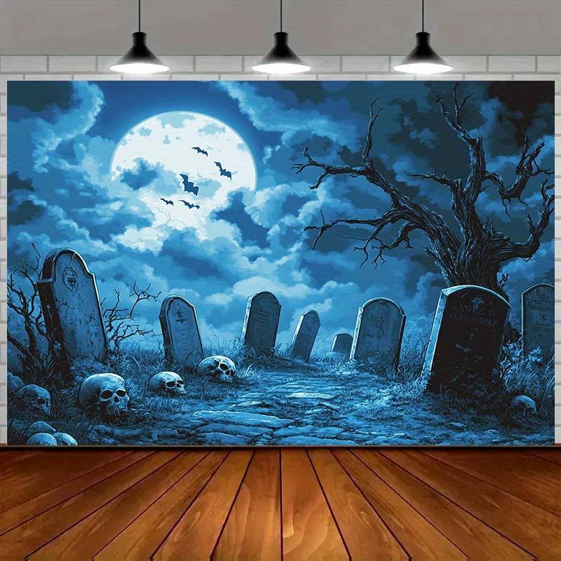 1 piece of Halloween cemetery scene backdrop fabric, featuring a full moon, tombstones and eerie tree decorations - polyester