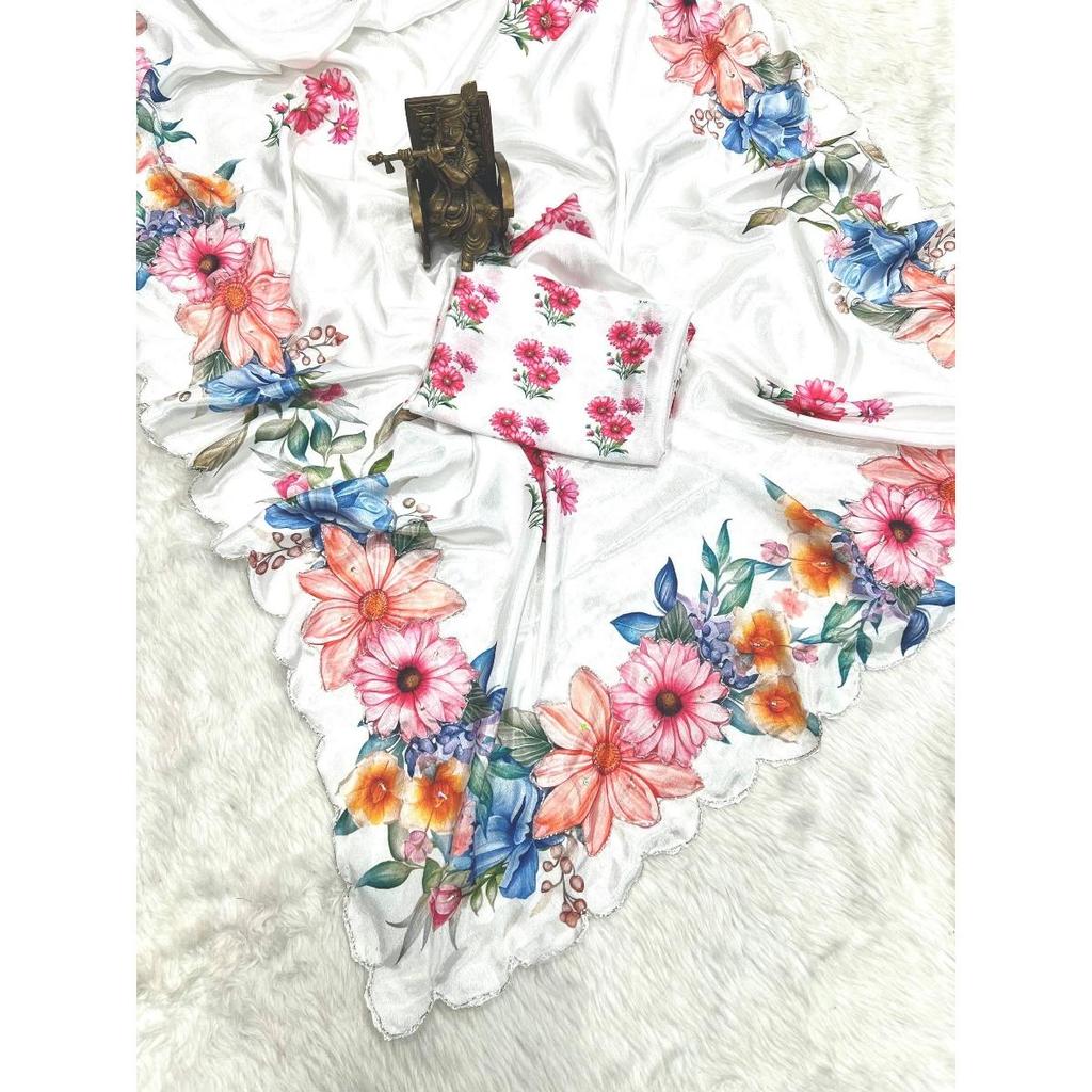 Soft Chinon silk saree floral digital print with beautiful handwork and hand work with cut-work  border