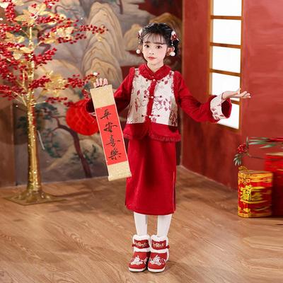 Rotes Tang-Anzug für Mädchen mit Samt-Qipao und Prinzessinnenrock - Chinesischer Stil Winter-Outfit