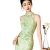 2026 Summer Green Sleeveless Cheongsam: Slimming Off-Shoulder, Waist-Cinching Halter Dress