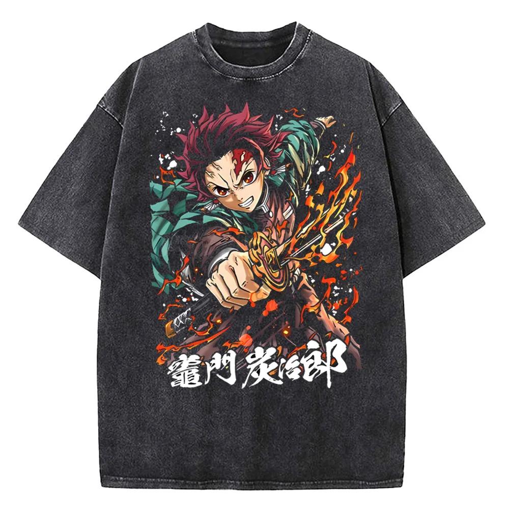 Fashion Tops Anime Demon Slayer Infinity Castle Washed T-shirt Men Fashion Vintage Casual Cotton Top Clothing