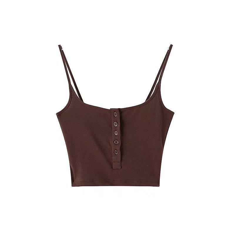 

Сексуальный большой U-образный вырез эластичный жилет в европейском и американском стиле женская одежда весна 2025 новый товар однотонный плотный ремешок M коричневый