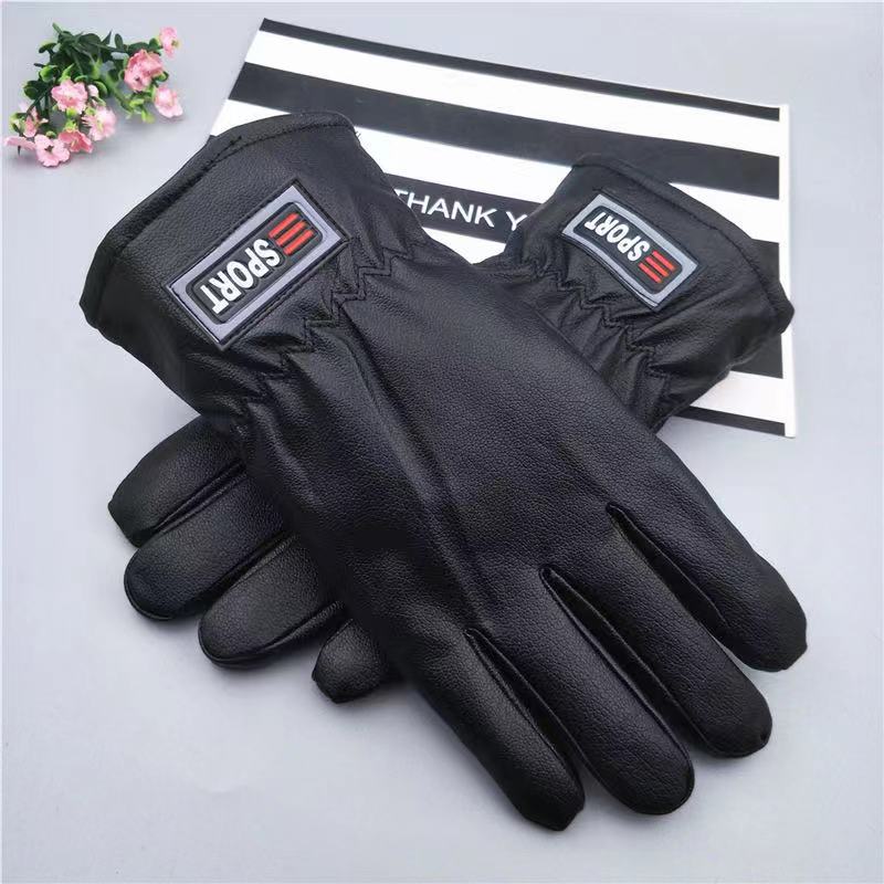 Touch screen warm windproof leather gloves men's winter black imitation deerskin large cotton thickened cycling non-slip velvet new