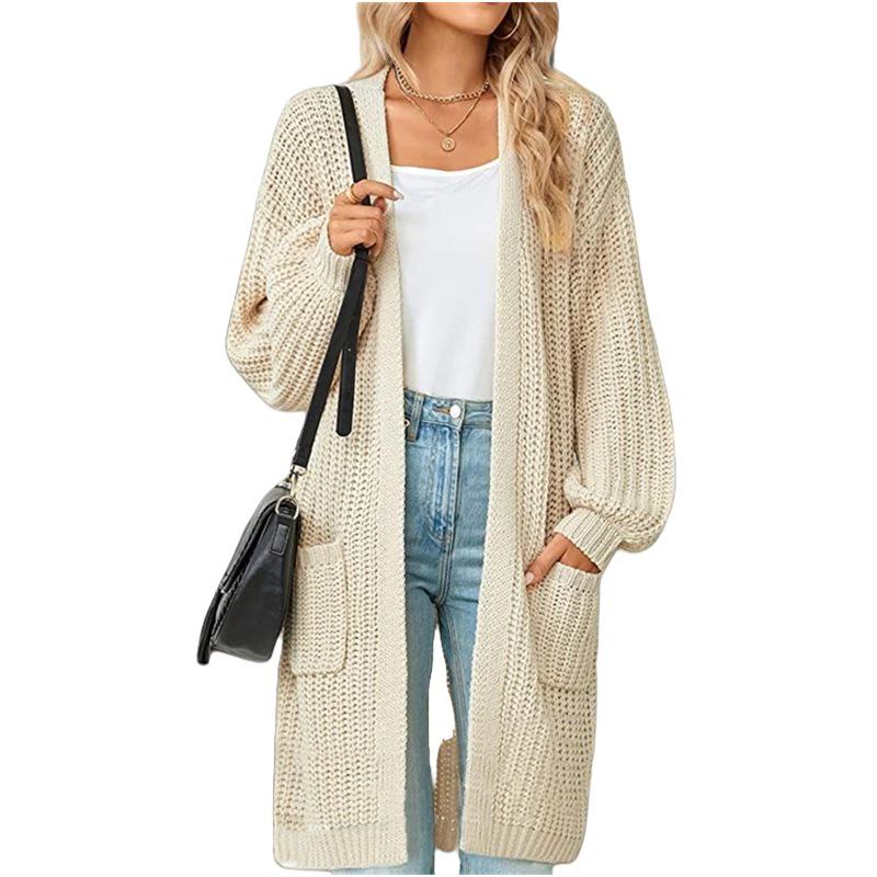 Solid Color Women's Knitted Mid-length Cardigan with Pockets
