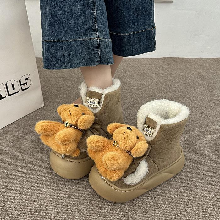 Women's Cartoon Puppy Lightweight Height-enhancing Thick Sole Winter Warm Fur One Snow Boots Plush Lined Non-slip Casual Sports Cotton Boots