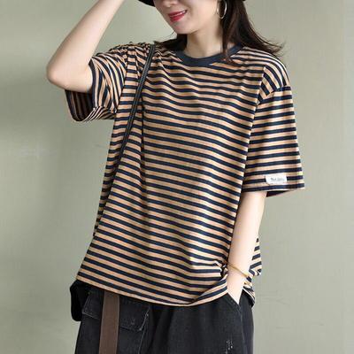 Letnie koreańskie koszulki z krótkim rękawem dla kobiet odzież Vintage Stripe Casual Loose T Shirt Harajuku Students Y2k Tops streetwear