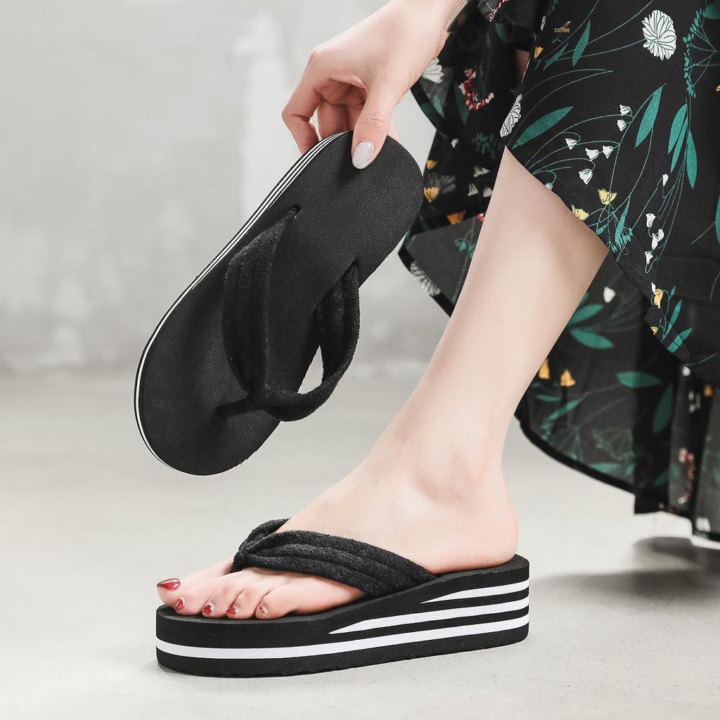 Women's Wedge Heel Wave Sole Platform Flip-Flops - Handmade Towel Cloth Toe-Clip Slippers