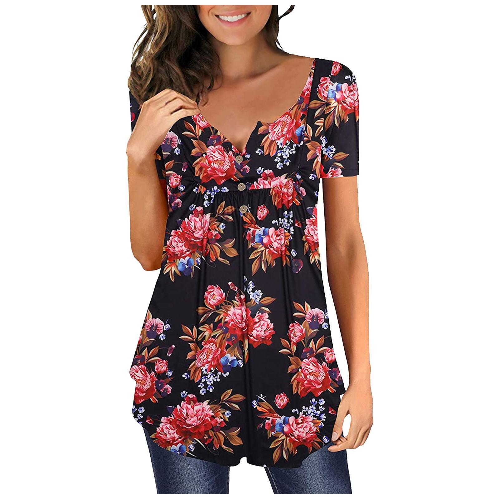 

Женский летний повседневный свободный топ трапециевидной формы с короткими рукавами и цветочным принтом L красный