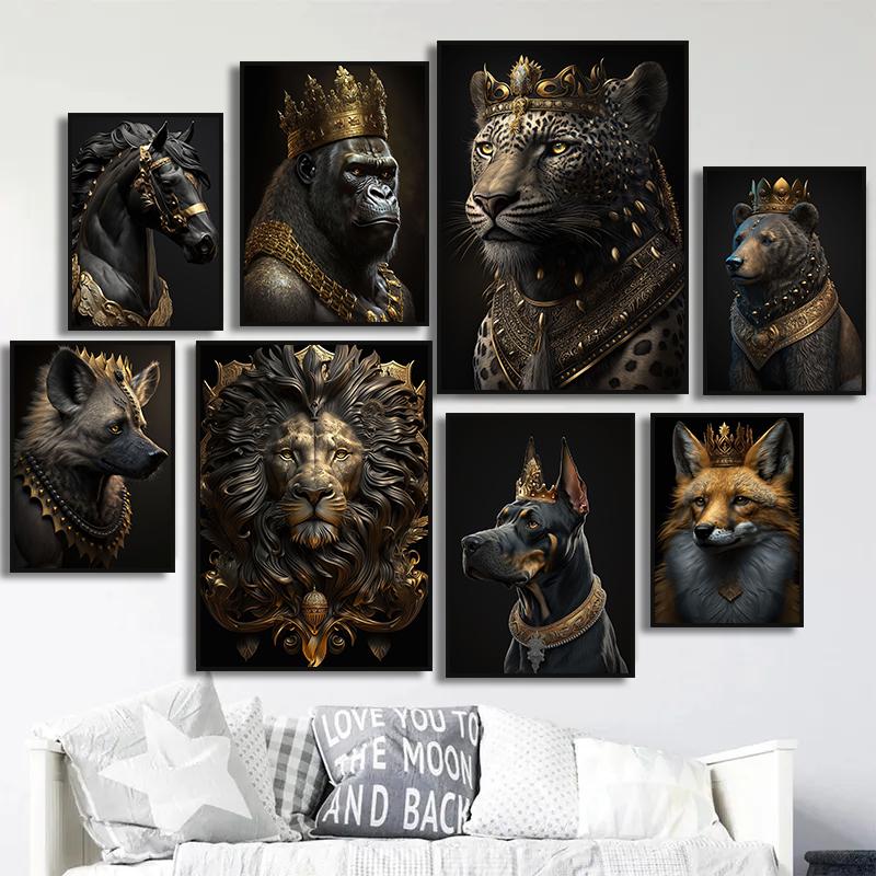 Luxury Gold King Animal Posters Gorilla Leopard Deer Lion Tiger Eagle Fox Canvas Painting Wall Art Pictures Room  Home Decor