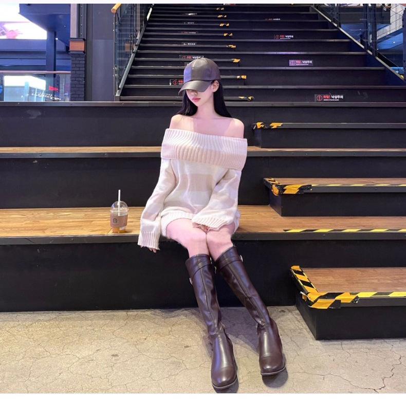 Korean Romantic Off-Shoulder Color Block Striped Knitted Top