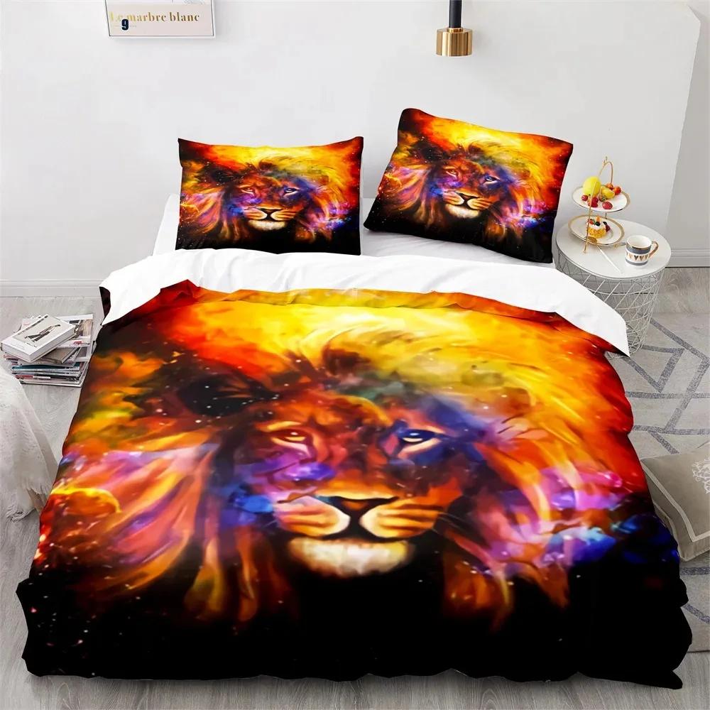 Lion Duvet Cover Set 3D Print Wild Animals Colourful King Queen Size for Kids Teens Adults Bedding Set Polyester Comforter Cover