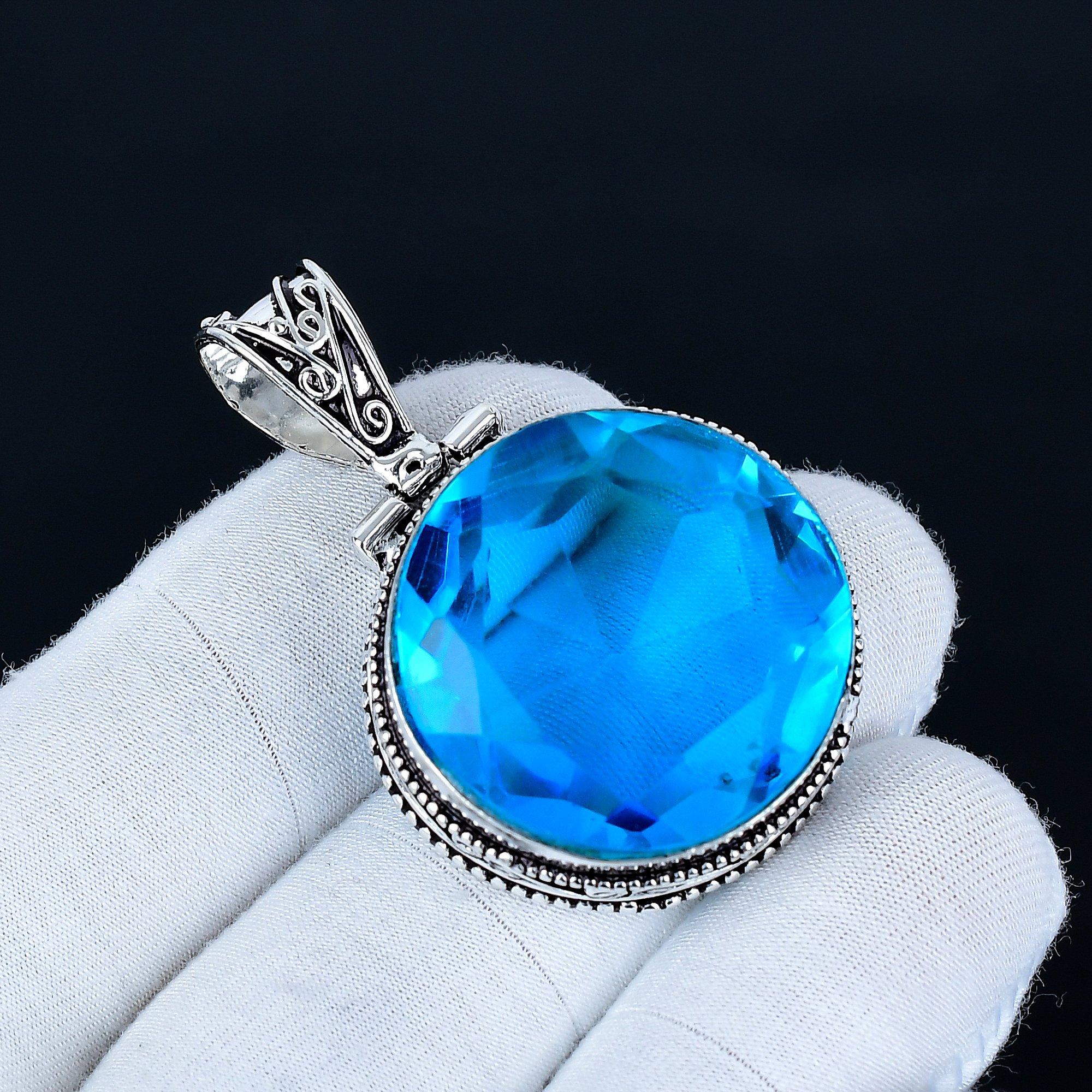 

Підвіска з блакитним топазом, Ювелірні вироби ручної роботи зі срібла 925 проби, Срібна підвіска з блакитним топазом, Ювелірні вироби для вечірок для жінок, Подарунок на День святого Валентина 4.5 Cm синій