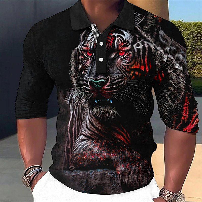 Trendy Tiger Print Long Sleeve Polo Shirt, Casual Fashion Top For Men