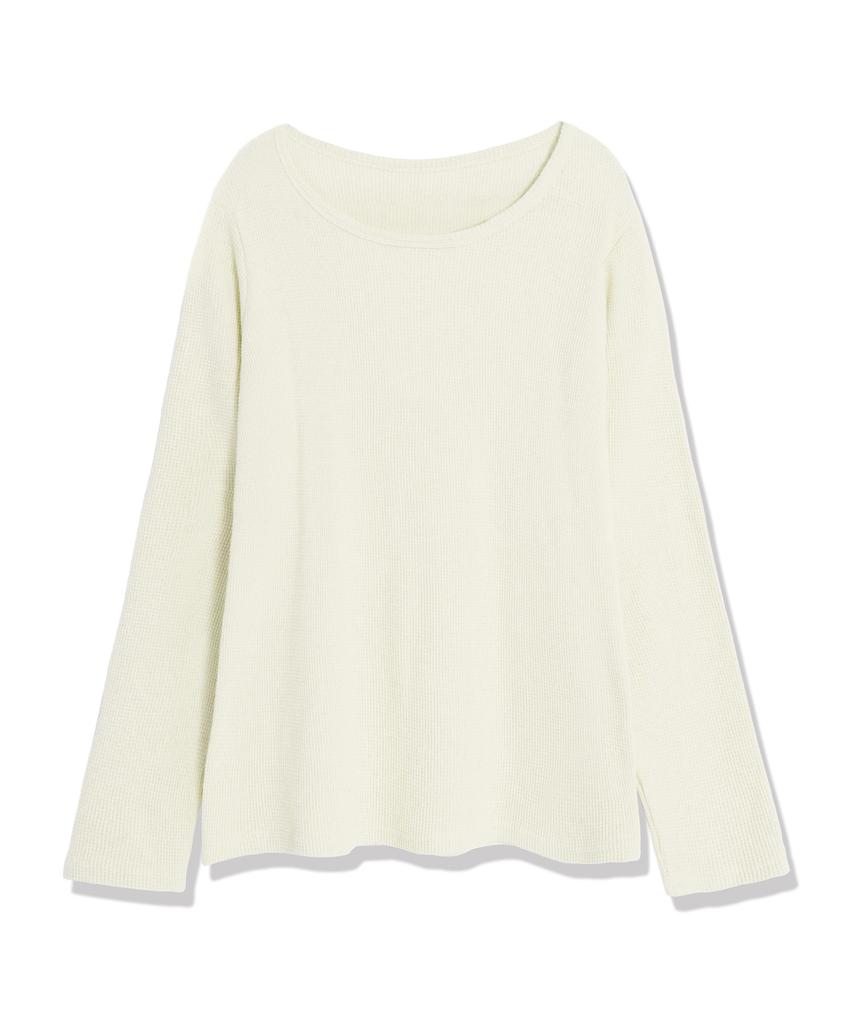LIKE THE MOST Women'S Waffle Boat Neck Shoulder Loose Fit Long Sleeve T-Shirt_Ivory