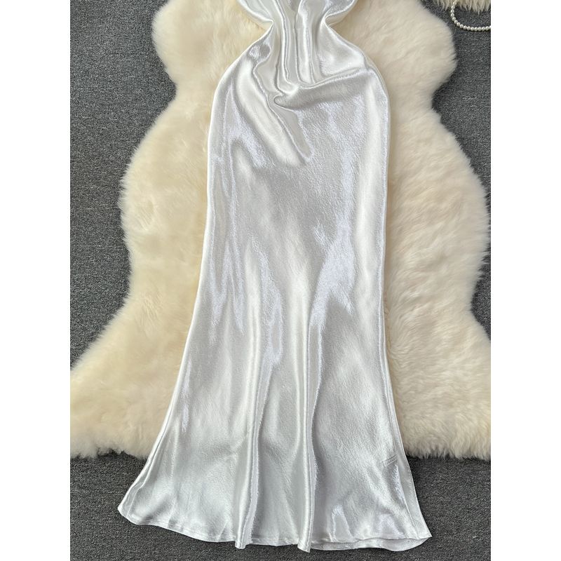 White Dress Women's Summer Dress New Arrival French Gold Style Socialite Elegant Swing Collar Sling Streamer Satin Dress