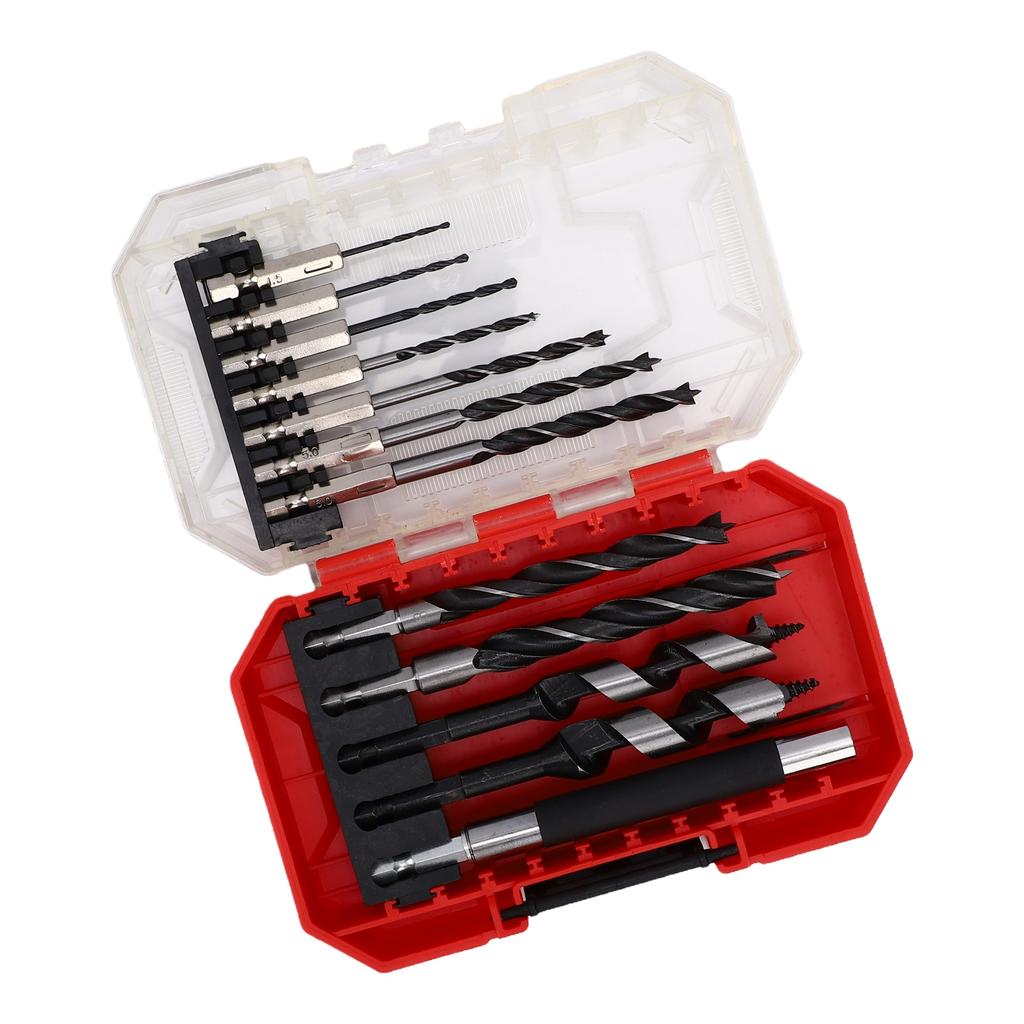 Woodworking Drill Bit Set 1 4 Inch Hex Shank 2 Auger Bits 9 Wood Drilling Bits 120MM Extension Pole with Storage Box