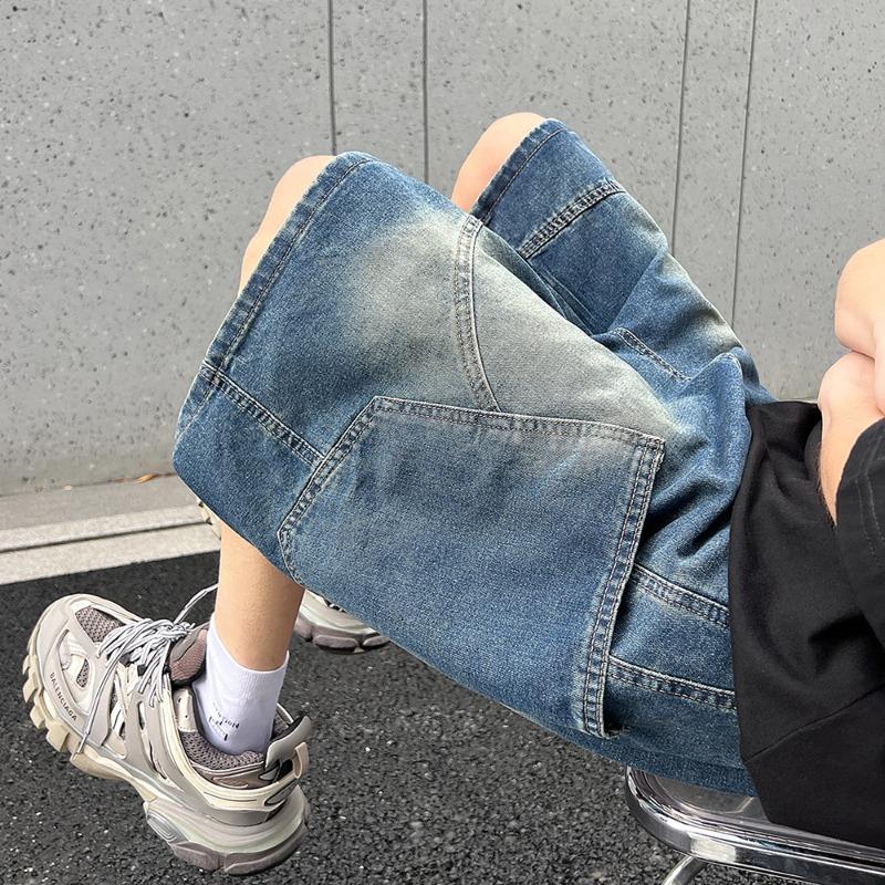 Summer Baggy Denim Shorts Fashion Casual Straight Harajuku Jeans Male Vintage Wash Drawstring Short Pants Streetwear