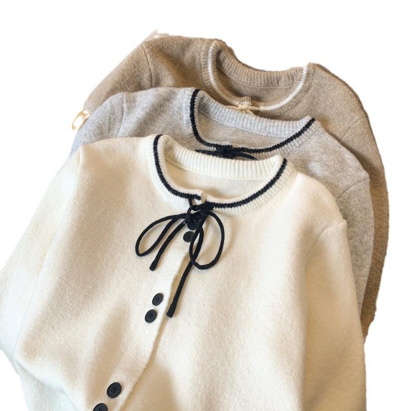 2024 Tea-Themed Fashionable Women's Knitted Sweater Cardigan - Early Autumn, Round Neck, High-End Style.