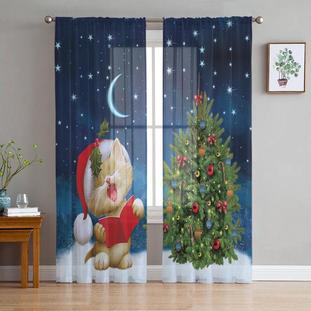 Weihnachtsbogen-Kugel-Weihnachtsbaum-Tüllvorhänge für die Wohnzimmerdekoration, moderne Chiffon-durchsichtige Voile-Weihnachtsvorhänge