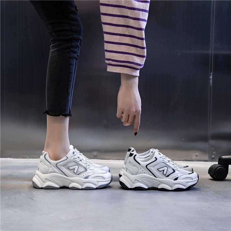 Sneakers women's spring summer 2025 new casual women's shoes through the net running single shoes women's thick soles increase height leather dad