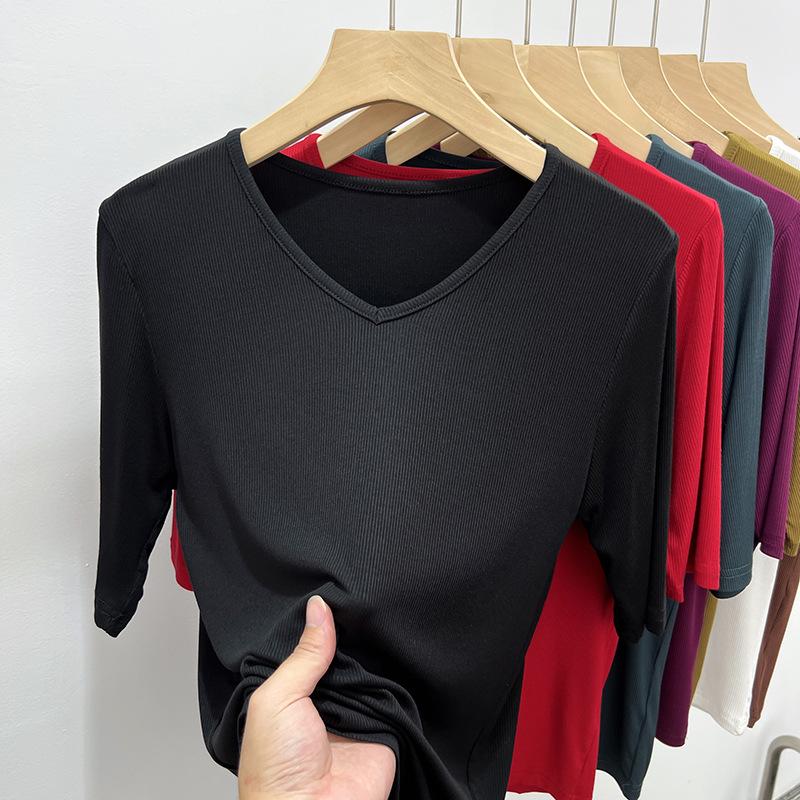 Women's Black V-Neck Three-Quarter Sleeve Loose Fit T-Shirt, 2025 Collection