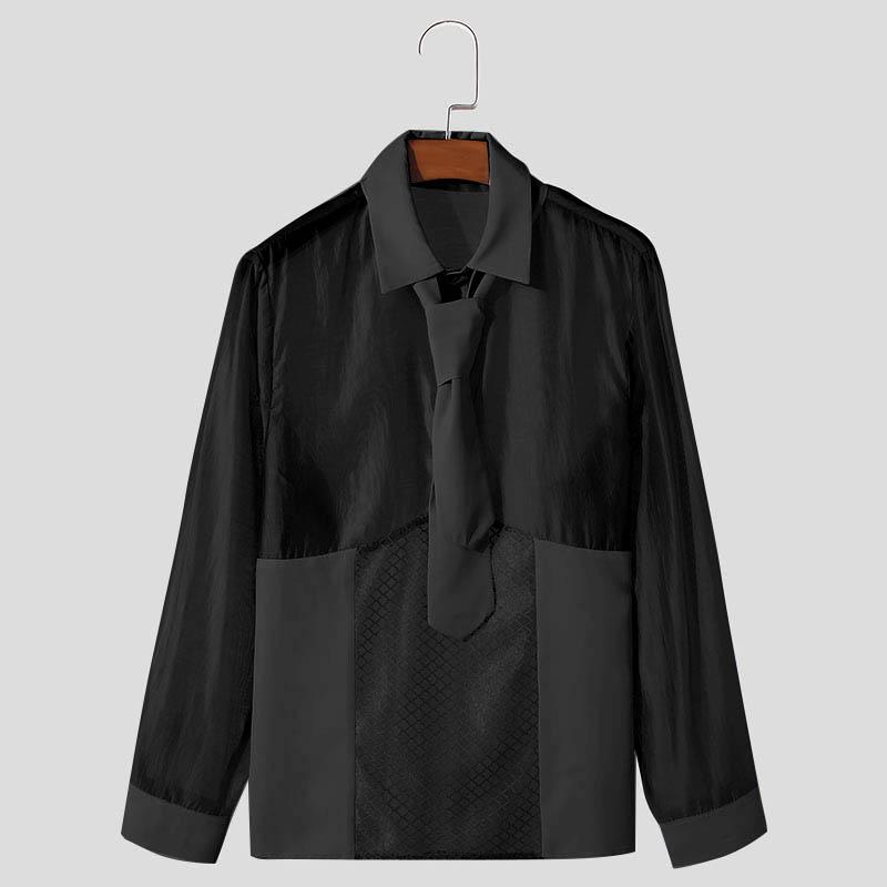 INCERUN Men Tie Lapel Neck Patchwork Hollow Buttons See Through Shirt Casual Long Sleeve Shirts