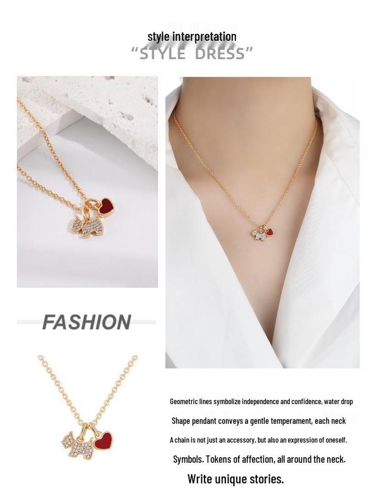 AG French Zircon & Diamond Heart Necklace - Mother-of-Pearl and Agate, Luxury Dog Design Clavicle Chain.