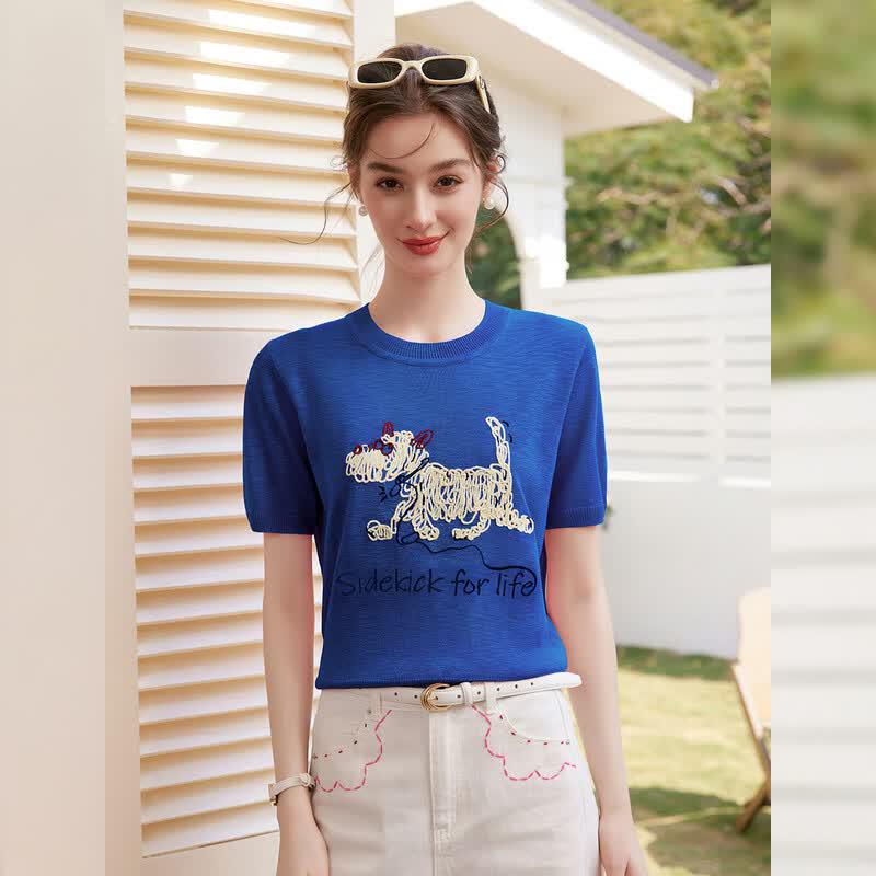 Sweet Playful Animal Print Round Neck Knit Top L