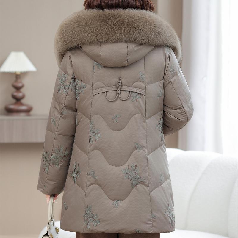 Real Fur Collar Middle-aged Women's Winter Down Coats Hooded Plus Size XL-6XL Embroidery White Duck Down Jackets for Women Thick Warm Parkas