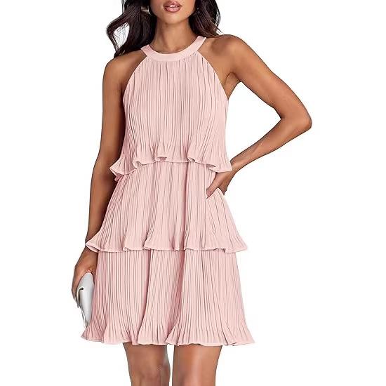 2026 European Sleeveless Patchwork Pleated Hem Women's Dress