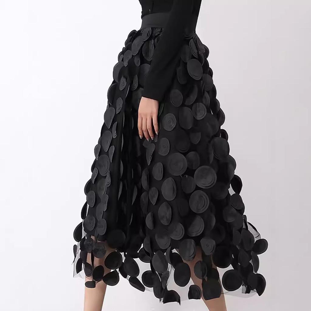 3D Applique Patchwork Tulle A-Line Midi Skirt with Lining Layered Flowy Half Skirt for Women Ethereal QT-2176