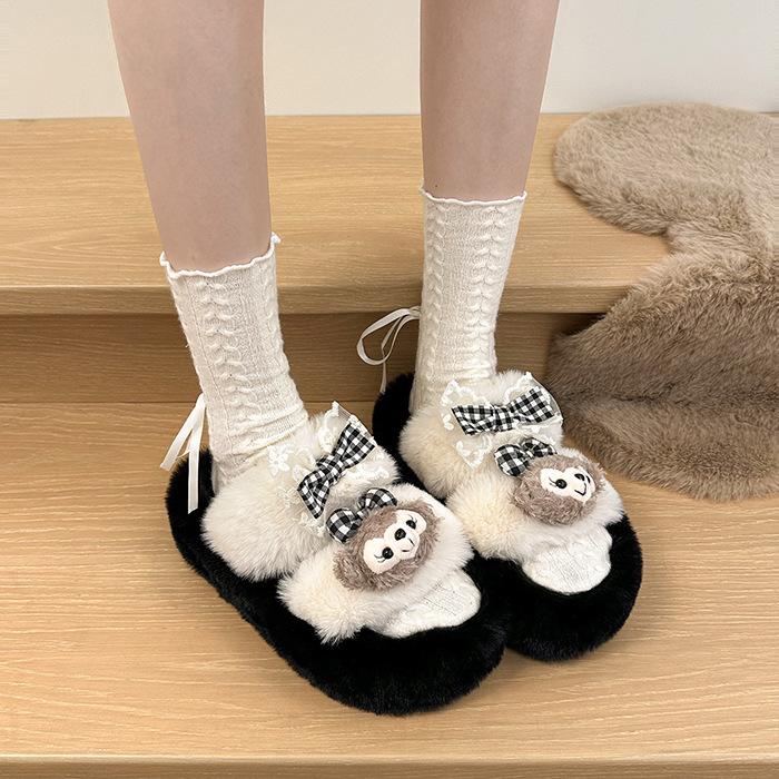 Cute Fluffy Slippers Women's Outer Wear 2025 New Home Indoor Non-slip Students Thick-bottomed Cotton Slippers