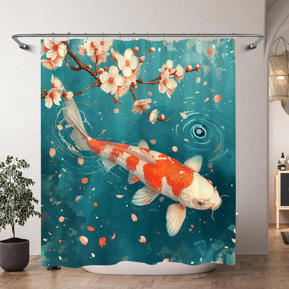 Chinesische Japanische Koi Tuschemalerei Duschvorhang Rot Kirschblüte Welle Fisch Aquarellmalerei Badevorhänge Badezimmerdekor