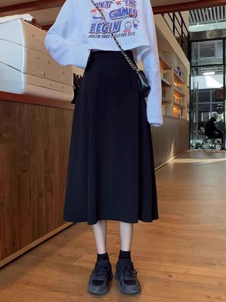 Large High-Waist A-Line Skirt for Women - 2024 Spring, Medium-Length, Black, Fashionable Korean Style Umbrella Skirt