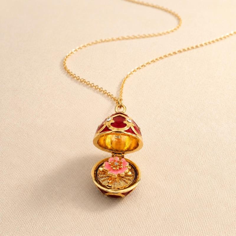 Enamel Egg Pendant Necklace with Hinged Opening, Collarbone Chain, Gold-Tone Chain, and Easter Outfit Styling for Women