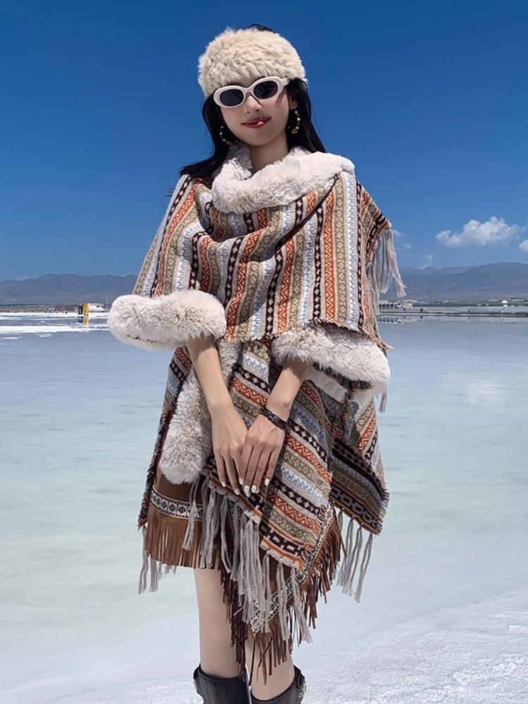 Winter Women Scarf Layers Poncho Elegant Lady Striped Print Tassel Wraps Shawl Hairy Scarve Capa Para Mujer Pashmina Cloak Boho