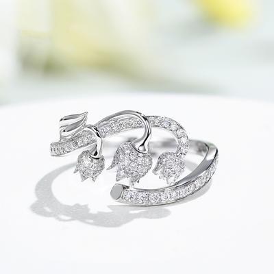 Copper Color Delicate Flower Bud White Zircon Ring Female Fashion Irregular Opening Ring Party Wedding Birthday Gift