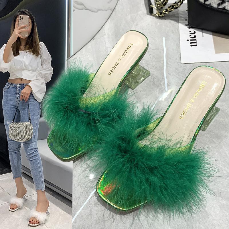2025 Summer Large Size Foreign Trade Women's Shoes Casual Style Solid Color Square Head Fluffy Upper Wine Glass Root Slippers Women