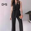 2 Pcs/Set Women Coat Pants Set V Neck Lace-up Slim Waist Mid Length Cardigan Sleeveless Jacket Wide Leg High Waist Straight Trousers Lady Formal